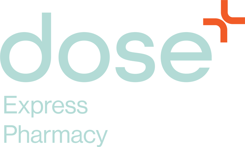 Dose Express Pharmacy logo with stylized text and orange design elements.