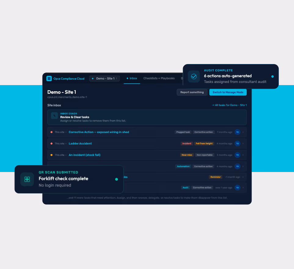 Dashboard interface of Opus Compliance Cloud showing Demo Site 1 inbox with tasks like corrective actions, incidents, and reminders, plus notifications for forklift check complete and audit completion with auto-generated actions.