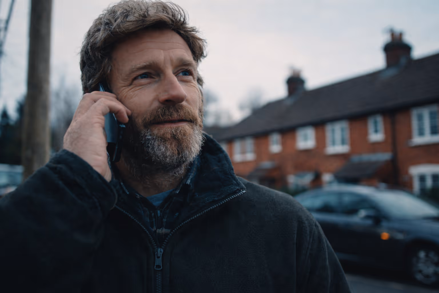 Business professional talking on a phone outdoors on a street