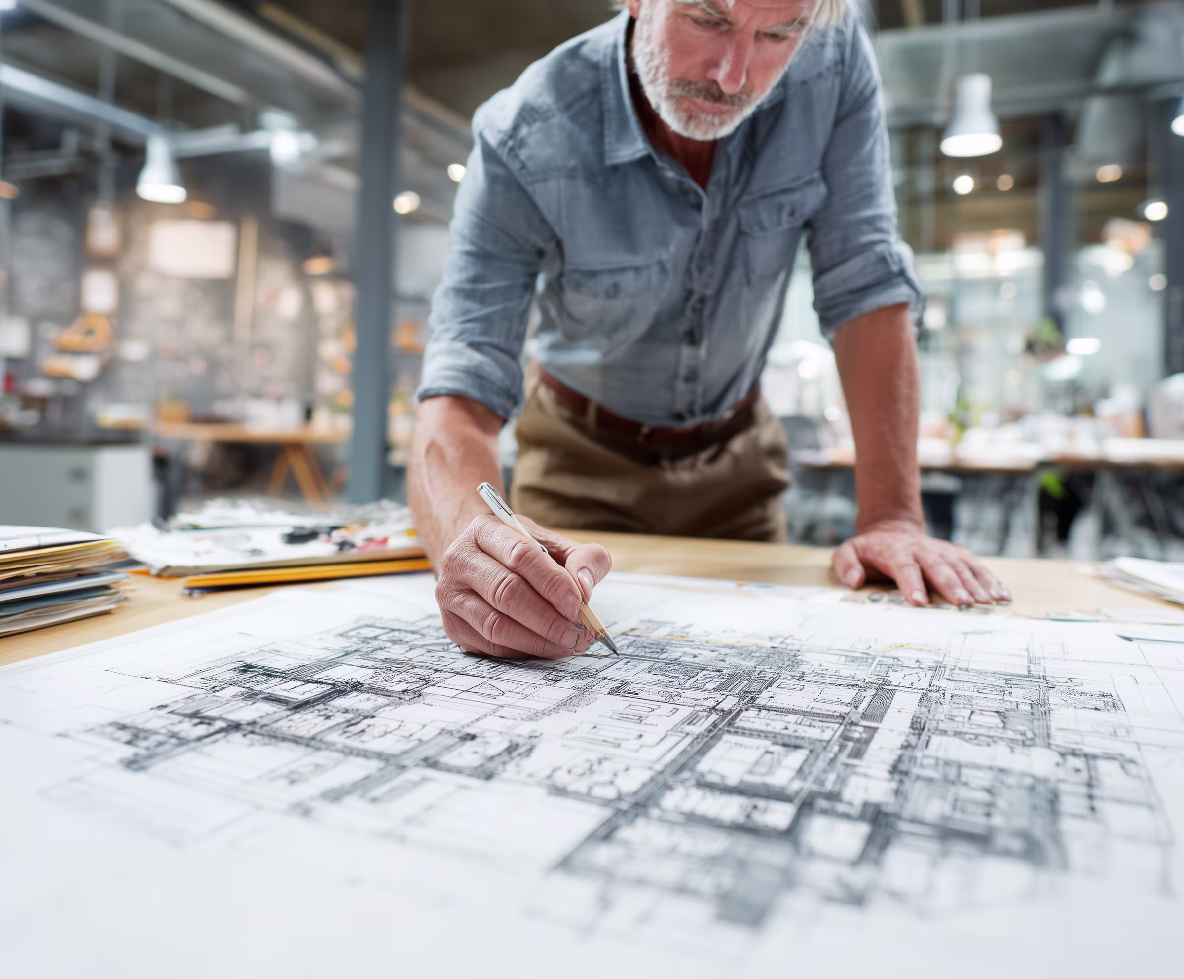 Designer marking up construction floor plans at a drawing table
