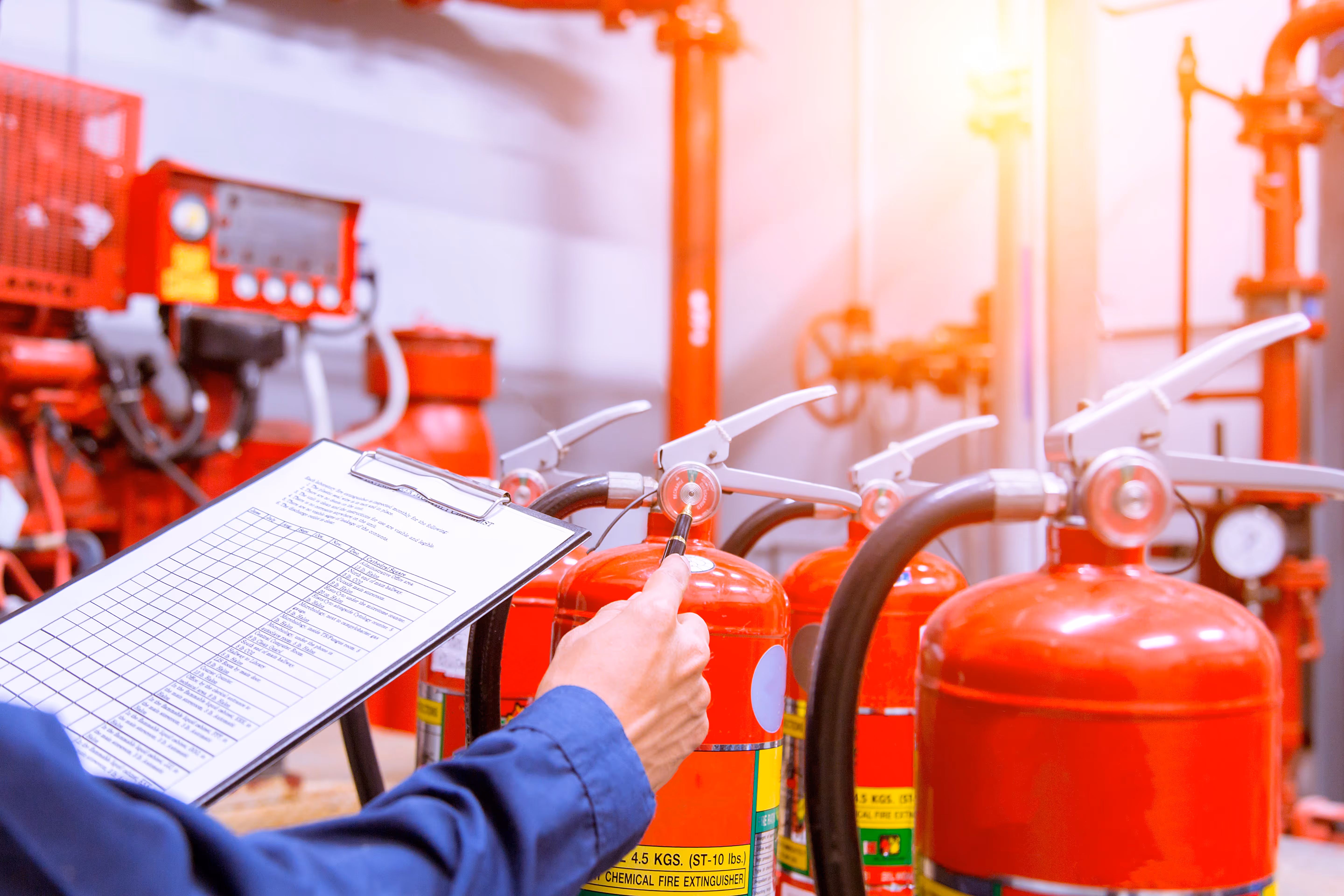 Person inspecting and recording the pressure gauges on a row of red fire extinguishers with a clipboard.