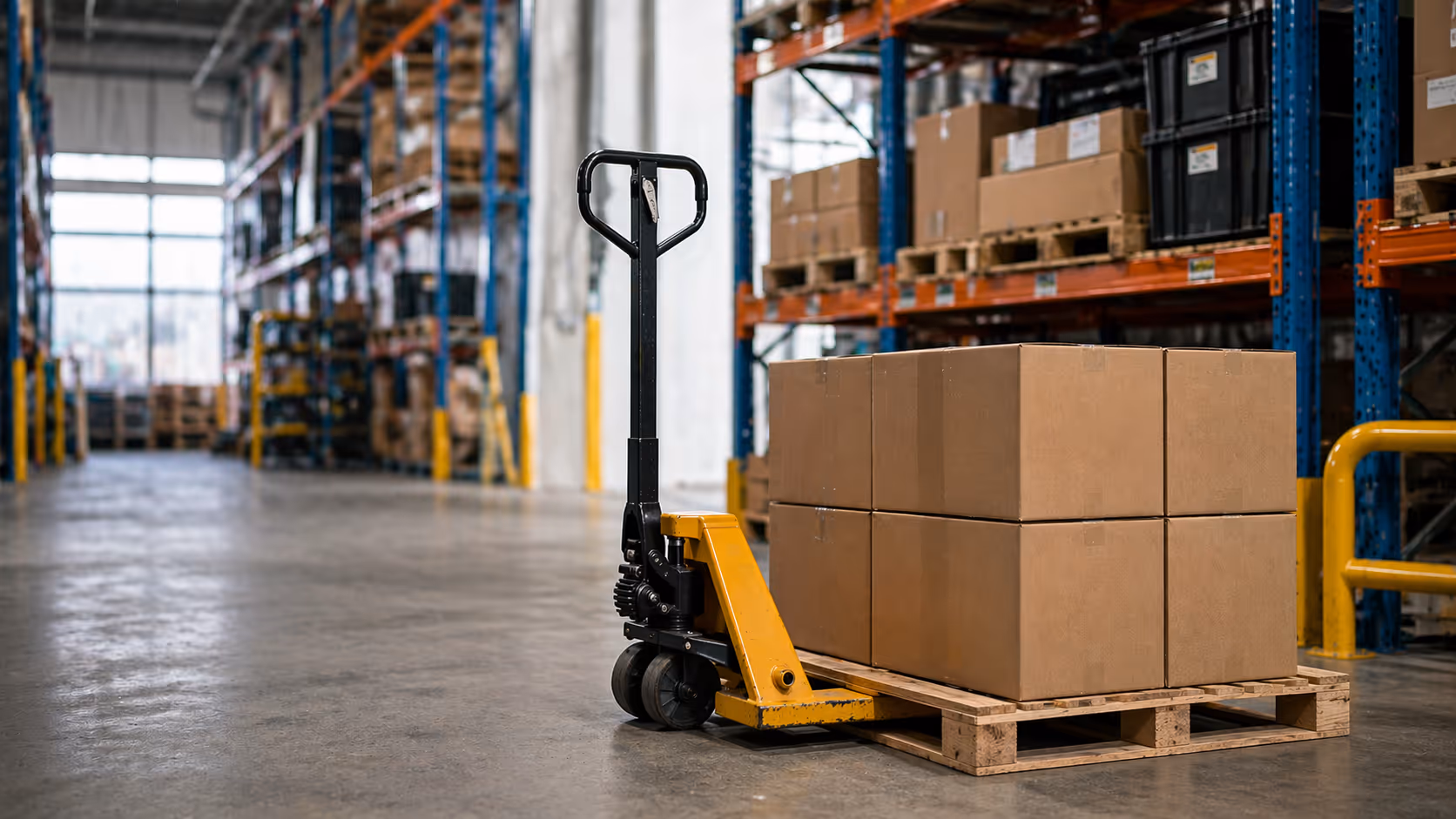 Manual pallet jack carrying a wooden pallet with six stacked cardboard boxes inside a warehouse.