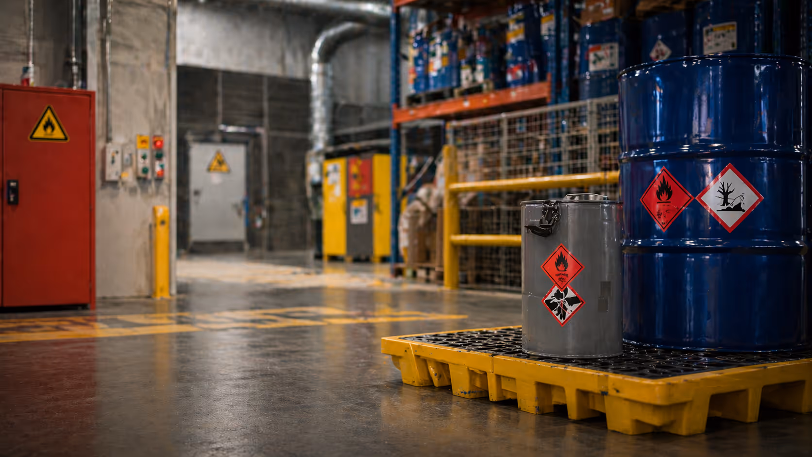 Warehouse interior with industrial barrels and containers labeled with flammable and environmental hazard symbols on a yellow pallet.