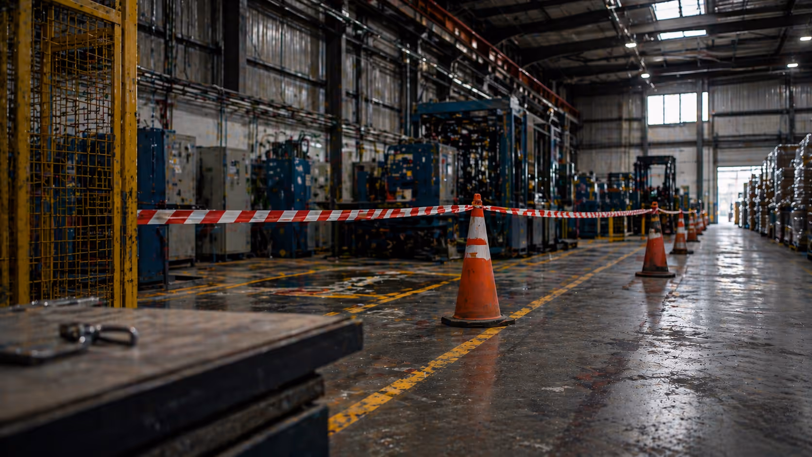 Interior of a warehouse with industrial machines and a pathway blocked off by orange traffic cones and red-and-white striped tape.
