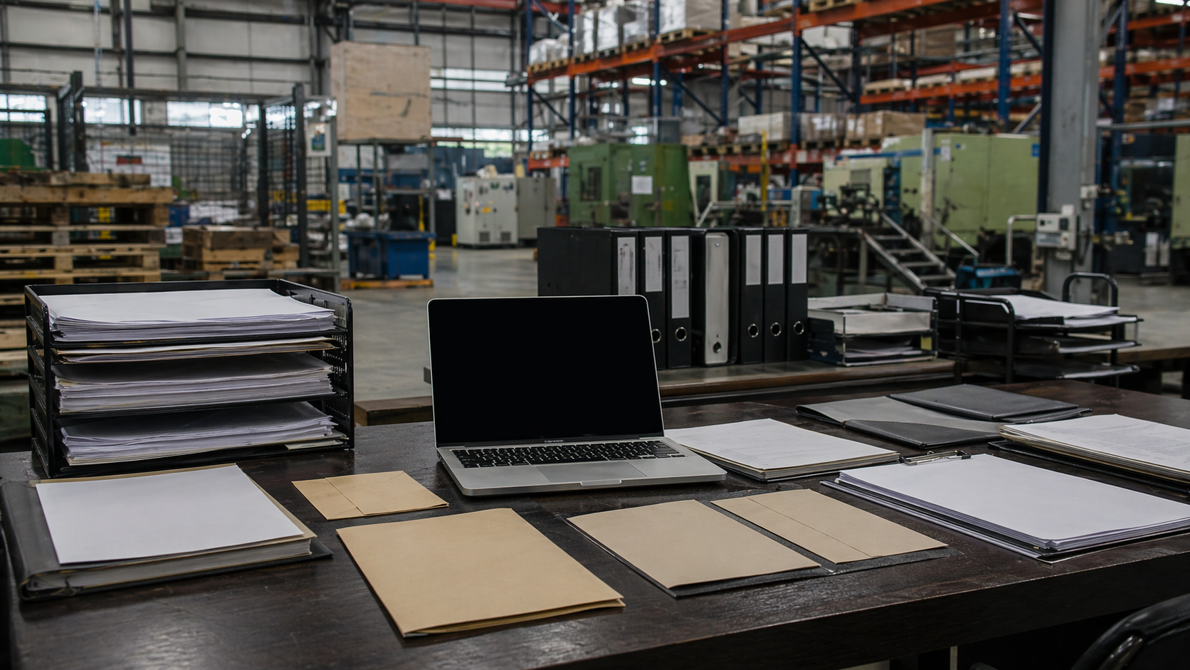 Industrial workspace with a wooden table holding a laptop, stacks of documents, folders, and file organizers in a warehouse setting.