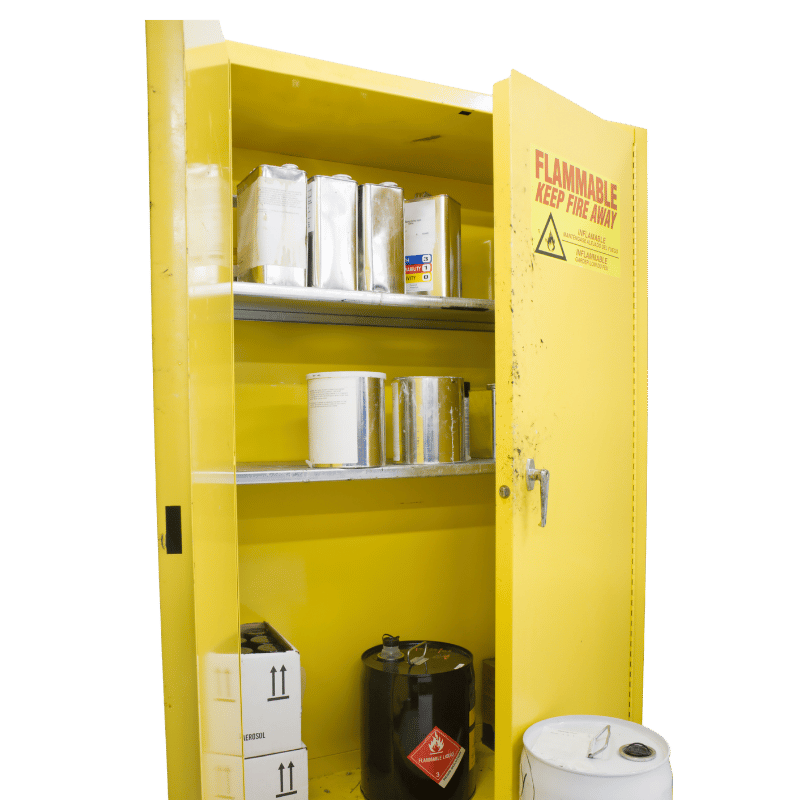 Yellow hazardous chemical storage cabinet containing bottles of substances.