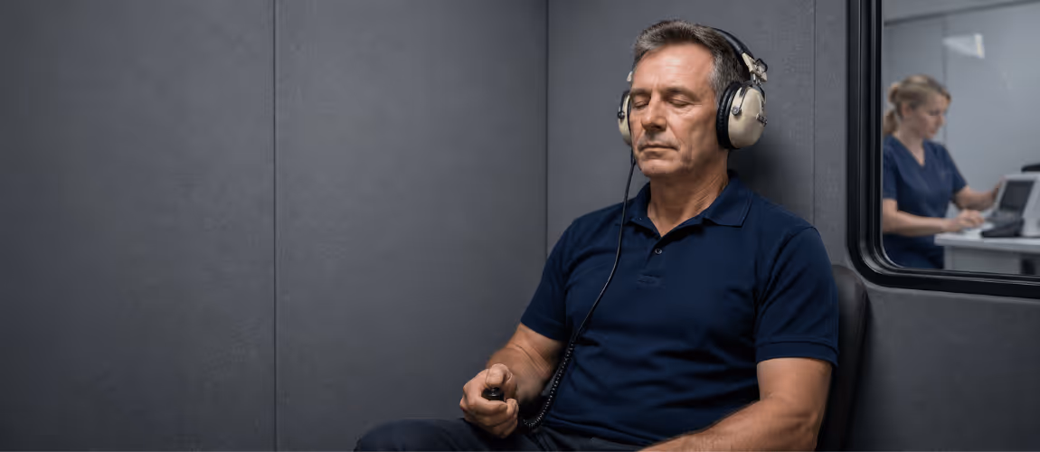 Middle-aged man wearing large headphones sitting with eyes closed during a hearing test in a soundproof room, with a technician working behind glass.