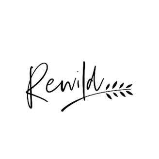 Handwritten style text spelling 'Rewild' with a stylized branch with leaves underlining it.
