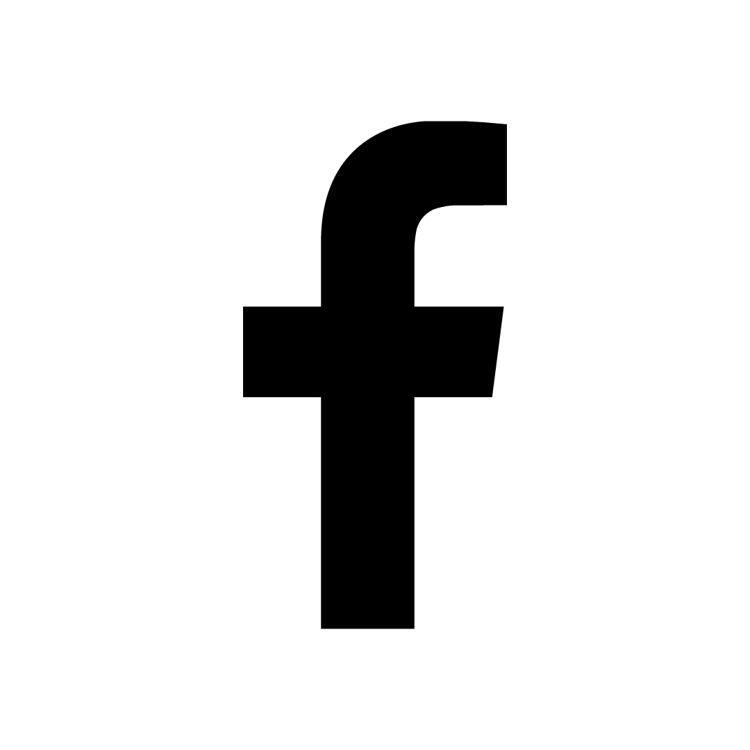 Facebook logo in black lowercase 'f' on white background.