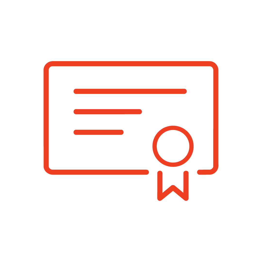 Orange line art icon of a certificate with a ribbon on a white background.