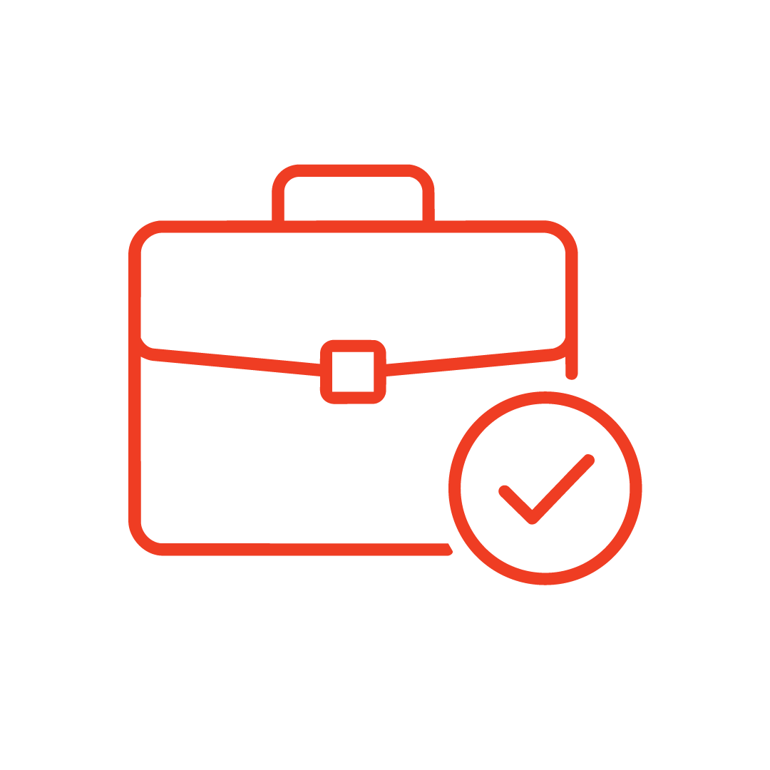 Red line icon of a briefcase with a check mark in a circle at the bottom right.