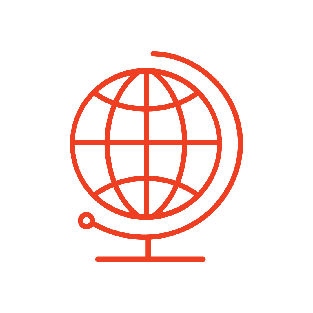 Orange line drawing of a globe on a stand showing latitude and longitude lines.