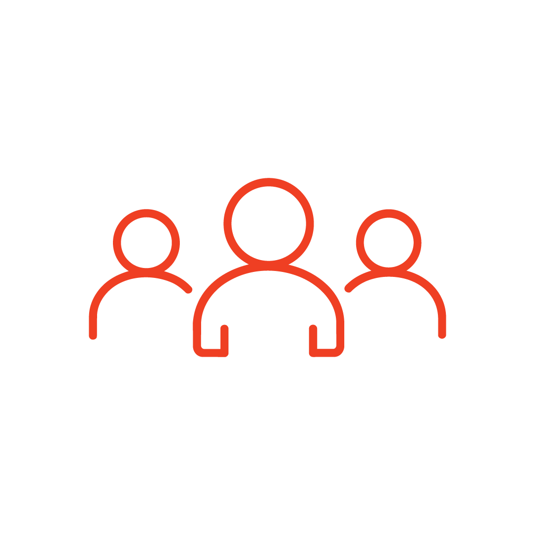 Icon of three simplified human figures in orange, representing a group or networking.
