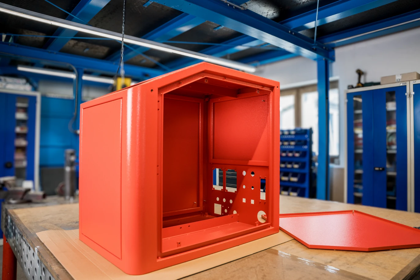 Rotes, leeres Metallgehäuse für einen Computer auf einem Werkbanktisch mit blauen Schränken im Hintergrund.