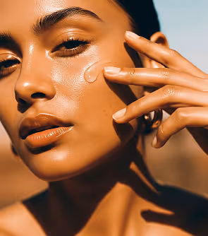 Close-up of woman applying clear serum to her cheek with fingers under natural sunlight.