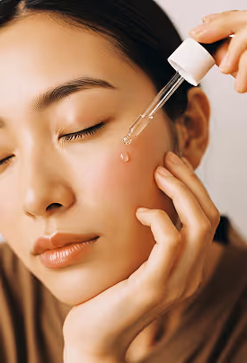 Close-up of a woman gently applying serum drops to her cheek using a dropper.