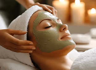 Woman with a green facial mask relaxing with closed eyes during a spa treatment with lit candles in the background.