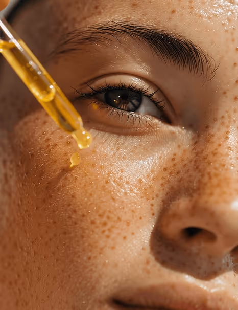 Close-up of a person with freckles applying facial serum with a dropper near the cheek.