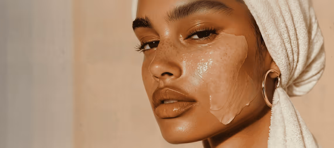 Close-up of a woman with a facial mask on her cheek, wearing a white towel on her head and a large hoop earring.