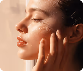 Close-up of a woman applying skincare cream to her cheek with fingers.