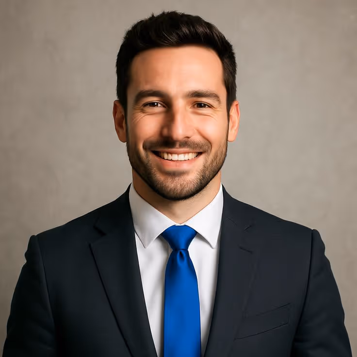 Smiling man with dark hair and beard wearing a black suit, white shirt, and blue tie against a neutral background.