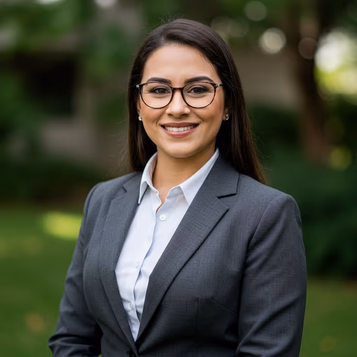 Smiling woman wearing glasses, a gray blazer, and a white shirt standing outdoors with a blurred green background.
