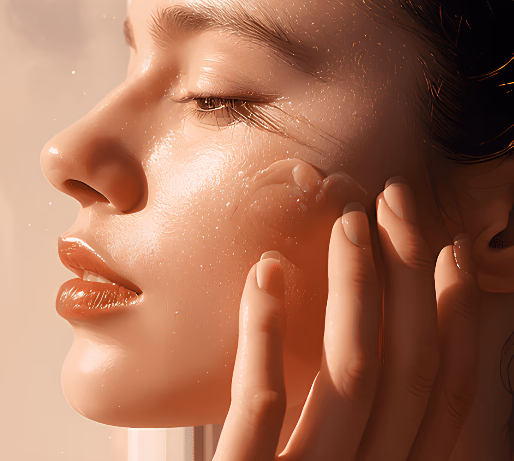 Close-up of a woman with glowing skin gently touching her cheek while applying a skincare product.