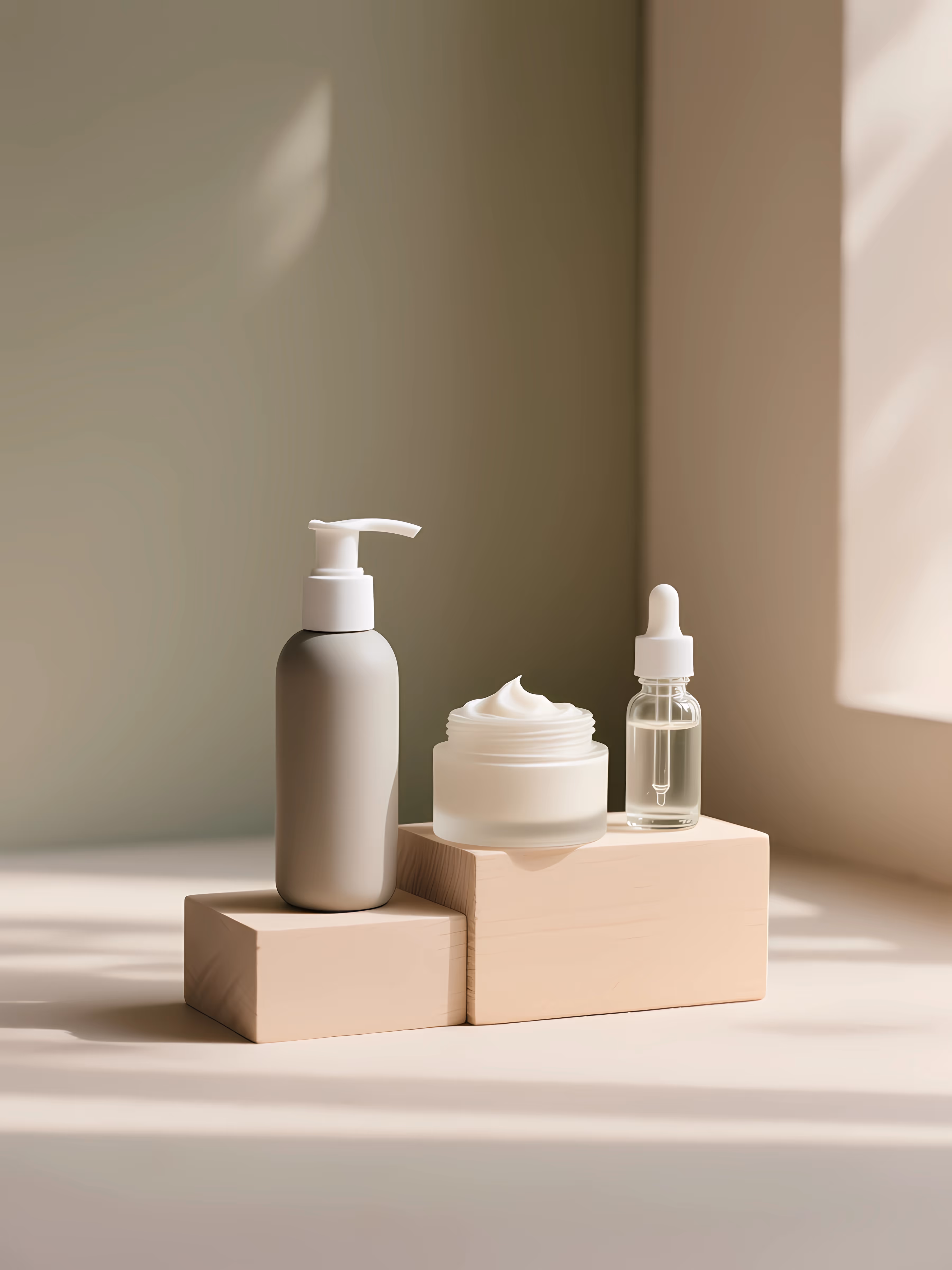 Minimalist skincare set with pump bottle, jar of cream, and dropper bottle on wooden blocks in soft light.