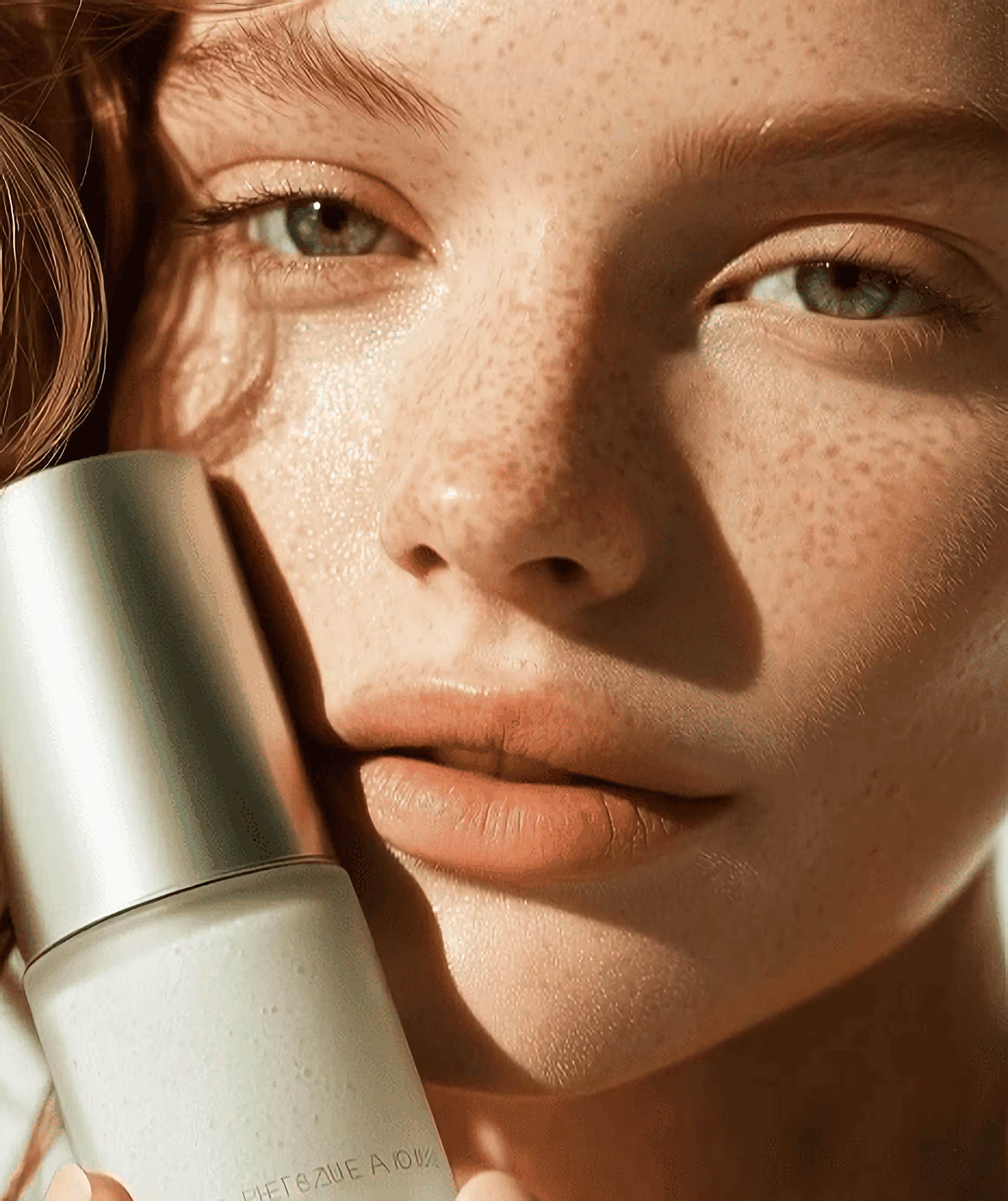 Close-up of a freckled woman with green eyes holding a skincare bottle near her face.