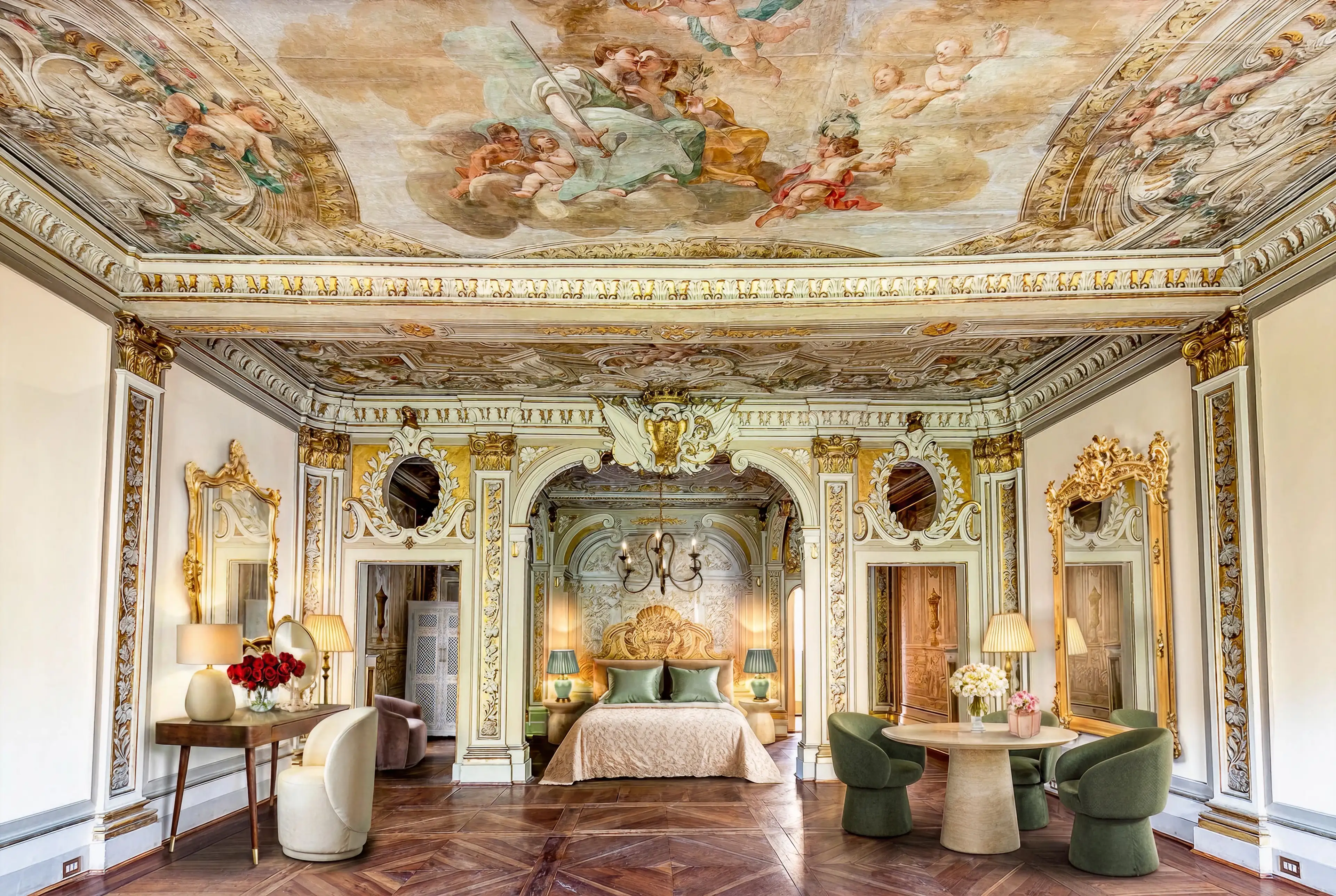 Luxurious bedroom with ornate gold and white classical decor, frescoed ceiling featuring cherubs, a carved headboard, green velvet chairs around a round table, and a vanity with a large mirror and lamp.