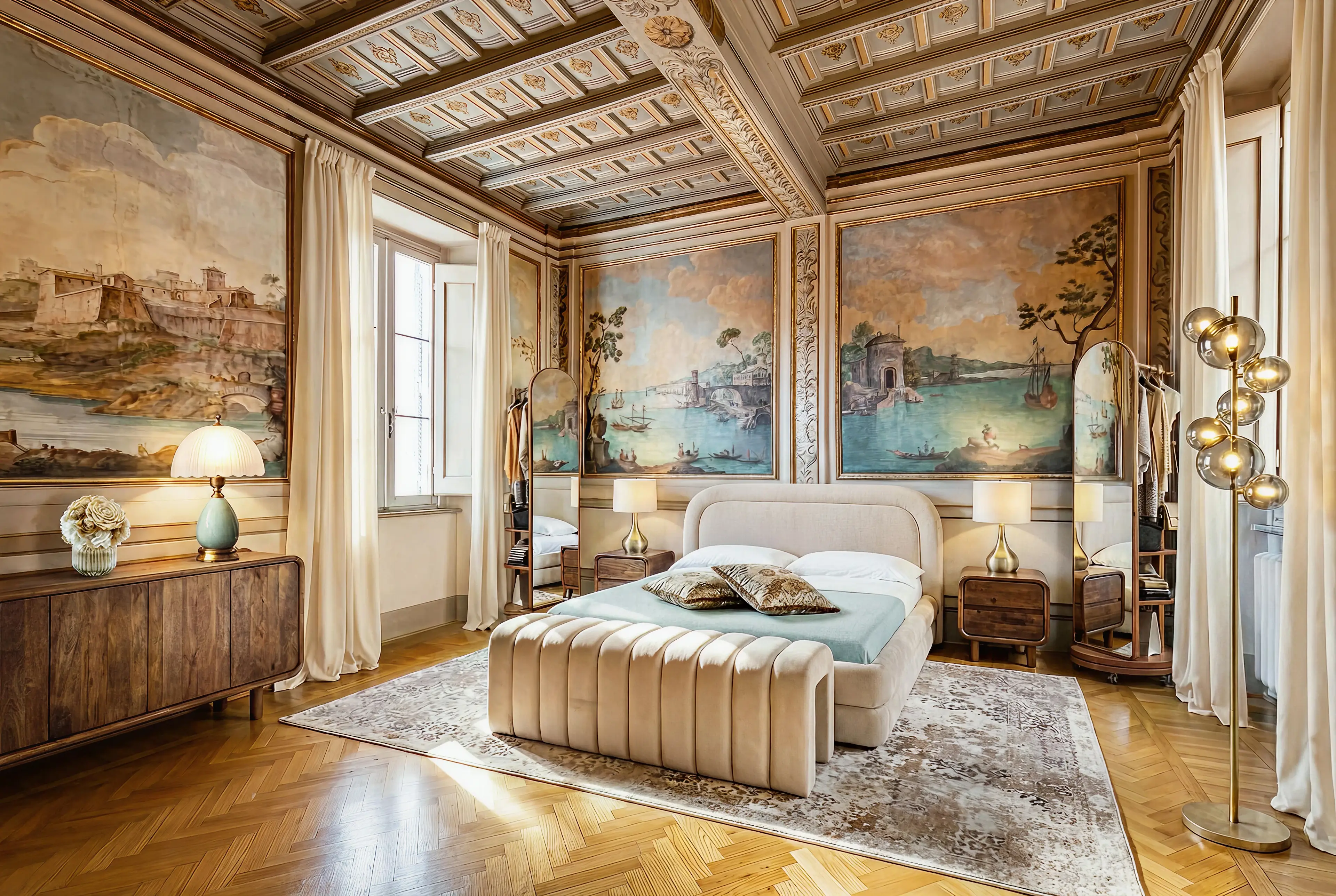 Elegant bedroom with tufted beige bed, vintage wooden furniture, floor lamps, and large classical wall murals depicting historical seaside scenes.