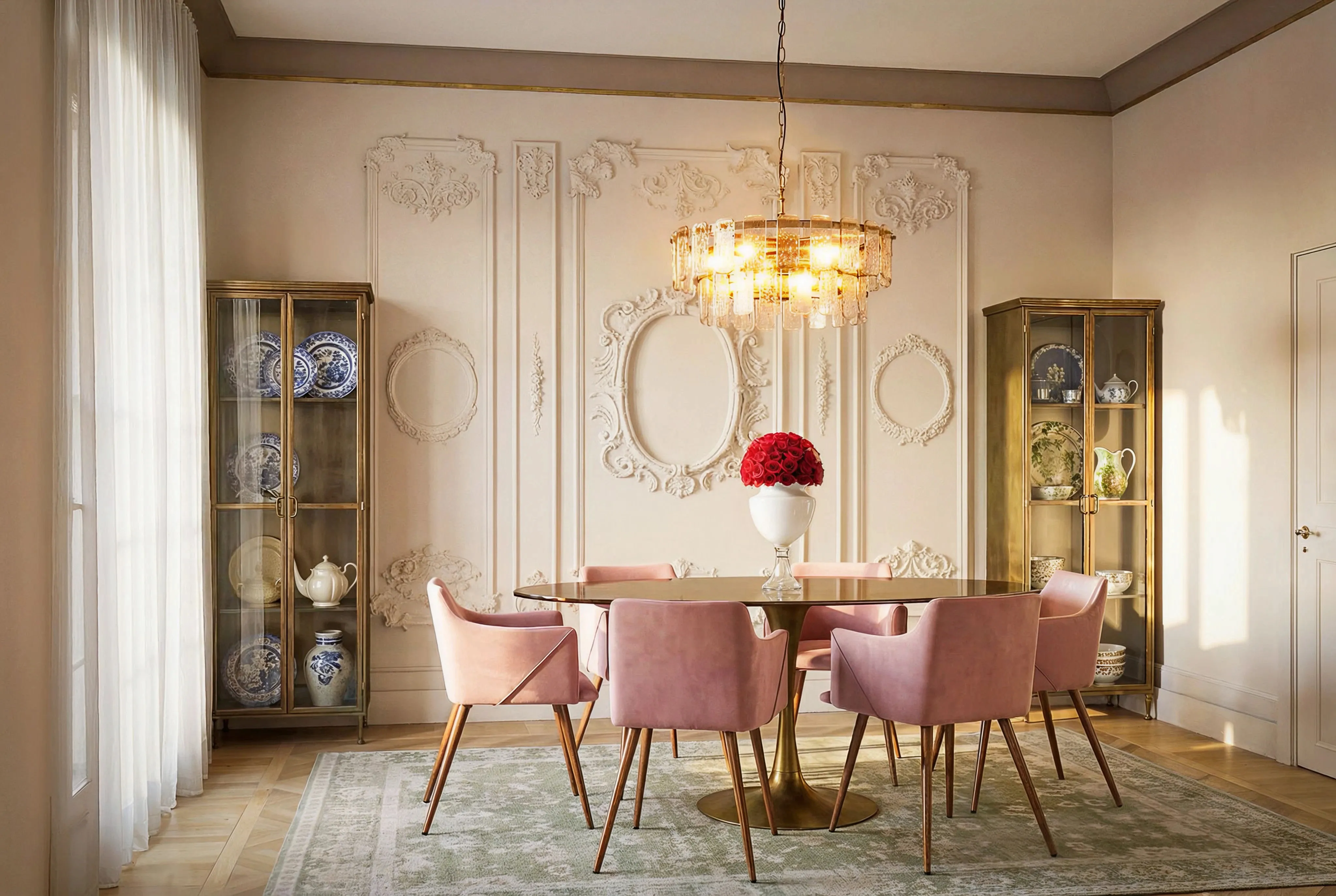 Elegant dining room with brass oval table, six pink velvet chairs, glass cabinets with decorative china, and chandelier above red rose centerpiece.
