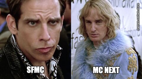 SFMC glaring like Derek Zoolander while MC Next swans past with Hansel's flowing golden hair. Same industry, different era.