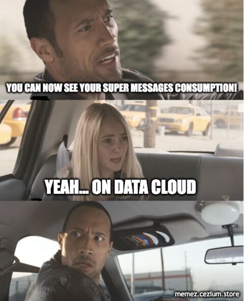 The Rock: 'You can now see your Super Messages consumption!' SFMC user: 'Yeah… on Data Cloud.' The Rock's double-take says it all.