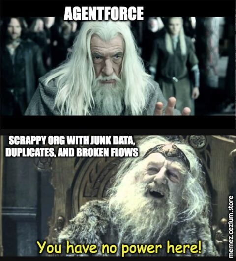 Agentforce arrives like Gandalf, but a scrappy org with junk data, duplicates, and broken flows cackles back like possessed Theoden: 'You have no power here!'