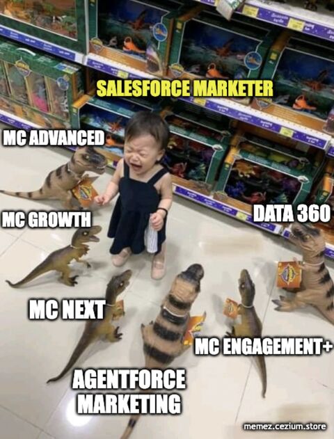 Salesforce Marketer as a crying toddler surrounded by MC Advanced, MC Growth, MC Next, MC Engagement+, Agentforce Marketing, and Data 360 — a full Jurassic MC park.