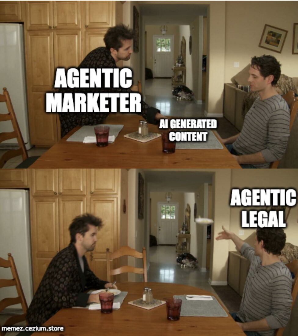 Agentic Marketer and AI-generated content having a quiet chat until Agentic Legal storms in pointing fingers. It's always sunny in the Salesforce kitchen.