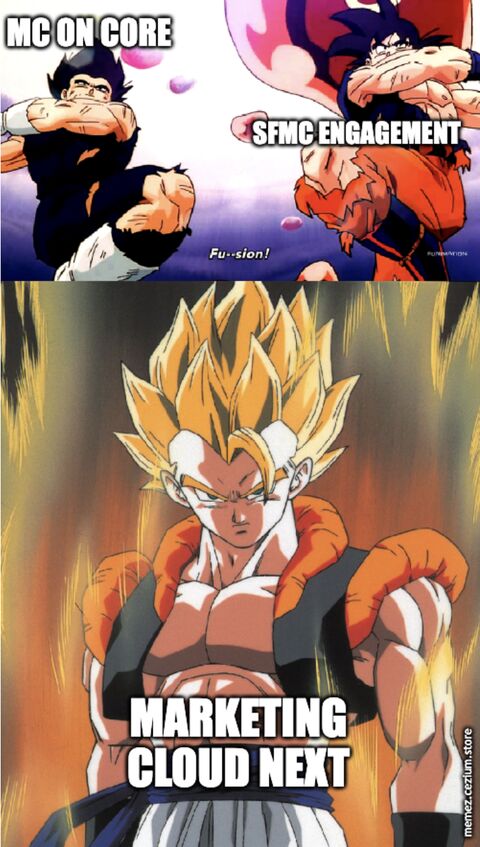 MC on Core and SFMC Engagement performing the Dragon Ball Fusion Dance to become Marketing Cloud Next.