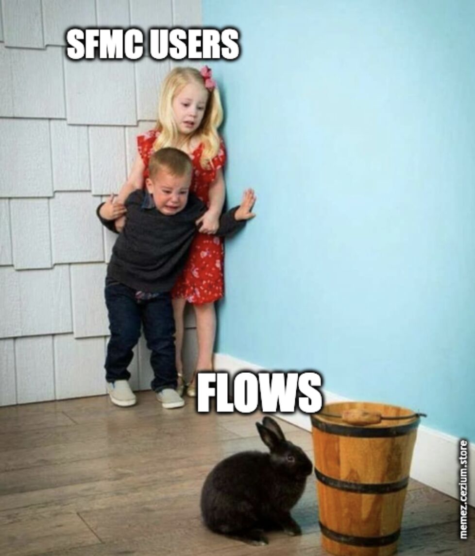SFMC users cowering behind each other as Flows sits there innocently like a creepy black rabbit. It's fine. Totally fine.