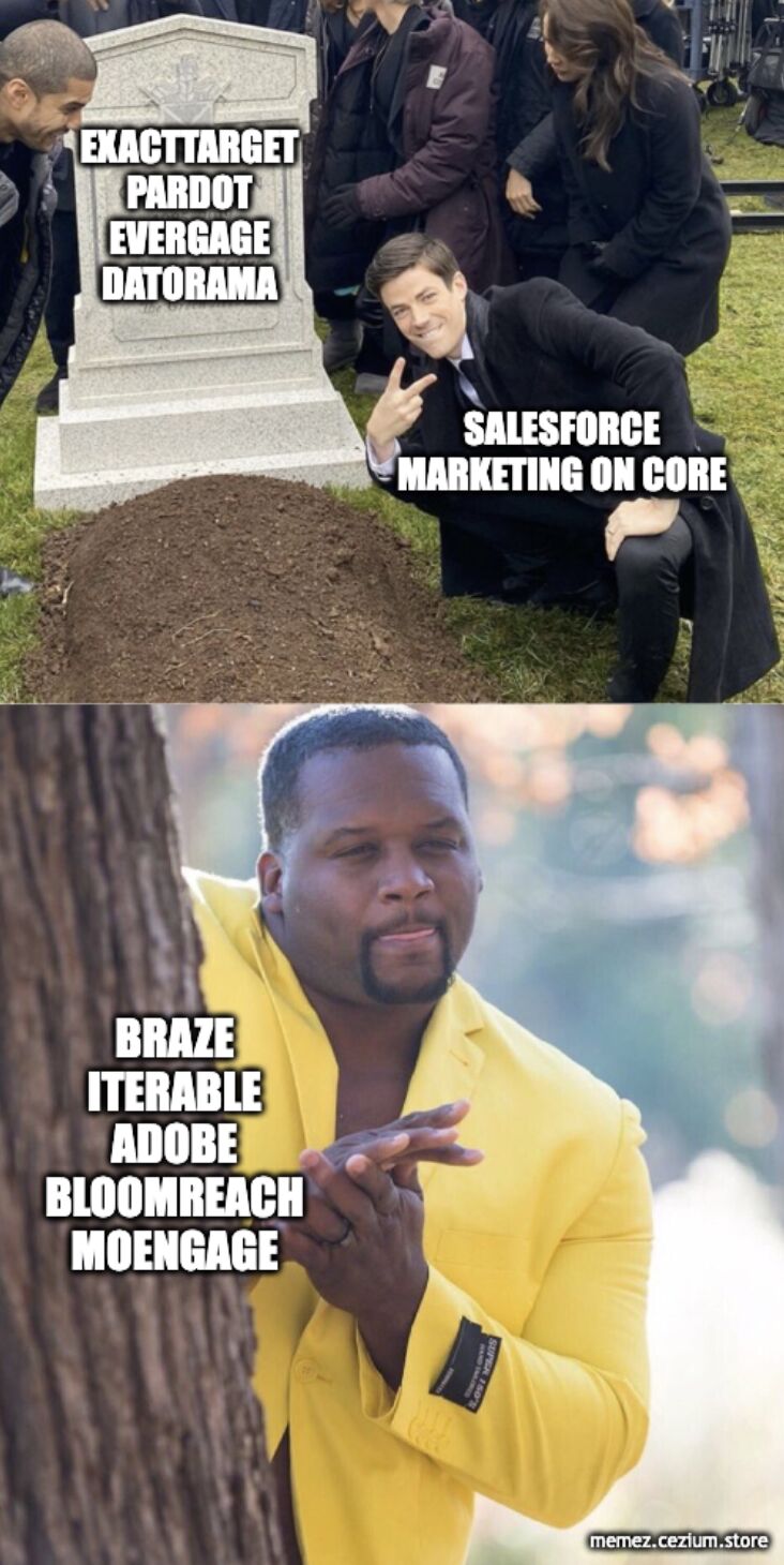 Salesforce Marketing on Core mourning ExactTarget, Pardot, EverGage, and Datorama at the graveside while Braze, Iterable, Adobe, Bloomreach, and MoEngage laugh in the sunshine.