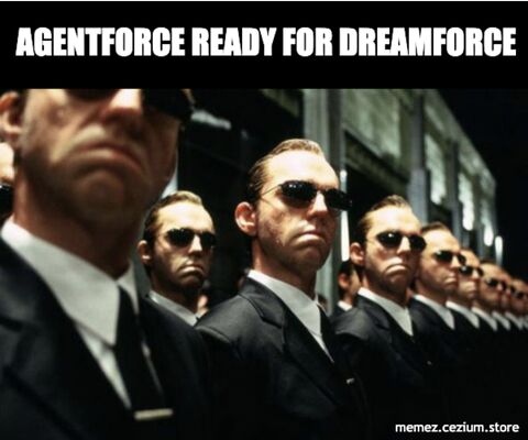 A lineup of Matrix Agent Smiths in black suits and shades — Agentforce armies ready for Dreamforce.