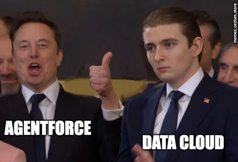 Elon Musk gives an enthusiastic thumbs up as Agentforce while Barron Trump looks unimpressed as Data Cloud — Salesforce's AI hype doesn't quite land with everyone.