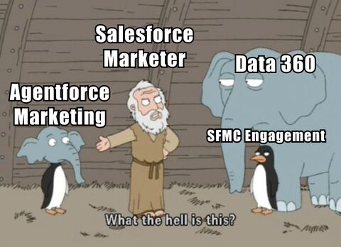 Salesforce Marketer as Noah on the Ark, looking at a mismatched Agentforce Marketing elephant, Data 360 elephant, and SFMC Engagement penguin. 'What the hell is this?'