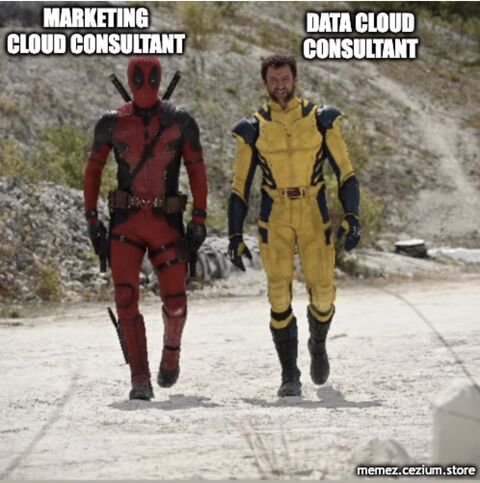 Marketing Cloud Consultant (Deadpool) and Data Cloud Consultant (Wolverine) walking side by side — a chaotic duo forced to team up.