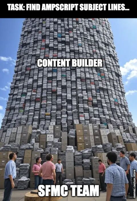 SFMC team dwarfed by a skyscraper of Content Builder folders, sent to find the one AmpScript subject line that matters. Good luck.