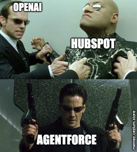OpenAI jumps HubSpot in the Matrix subway while Agentforce shows up in the lobby with two guns — MCP hype is real.