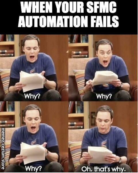 Big Bang Theory characters reacting to a Marketing Cloud automation failure