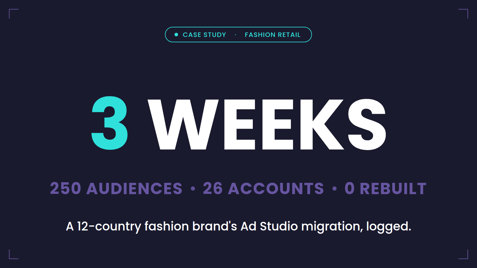 3 weeks — a 12-country fashion brand's Ad Studio migration: 250 audiences, 26 accounts, 0 rebuilt