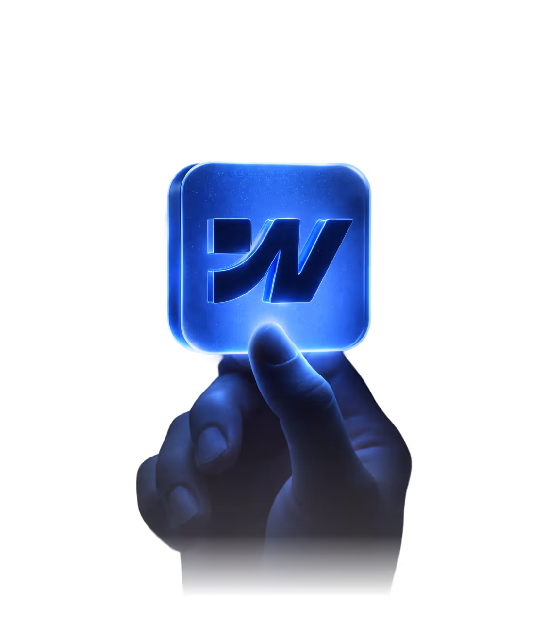 Hand holding a glowing blue square with stylized letters 'PN' inside on a black background.