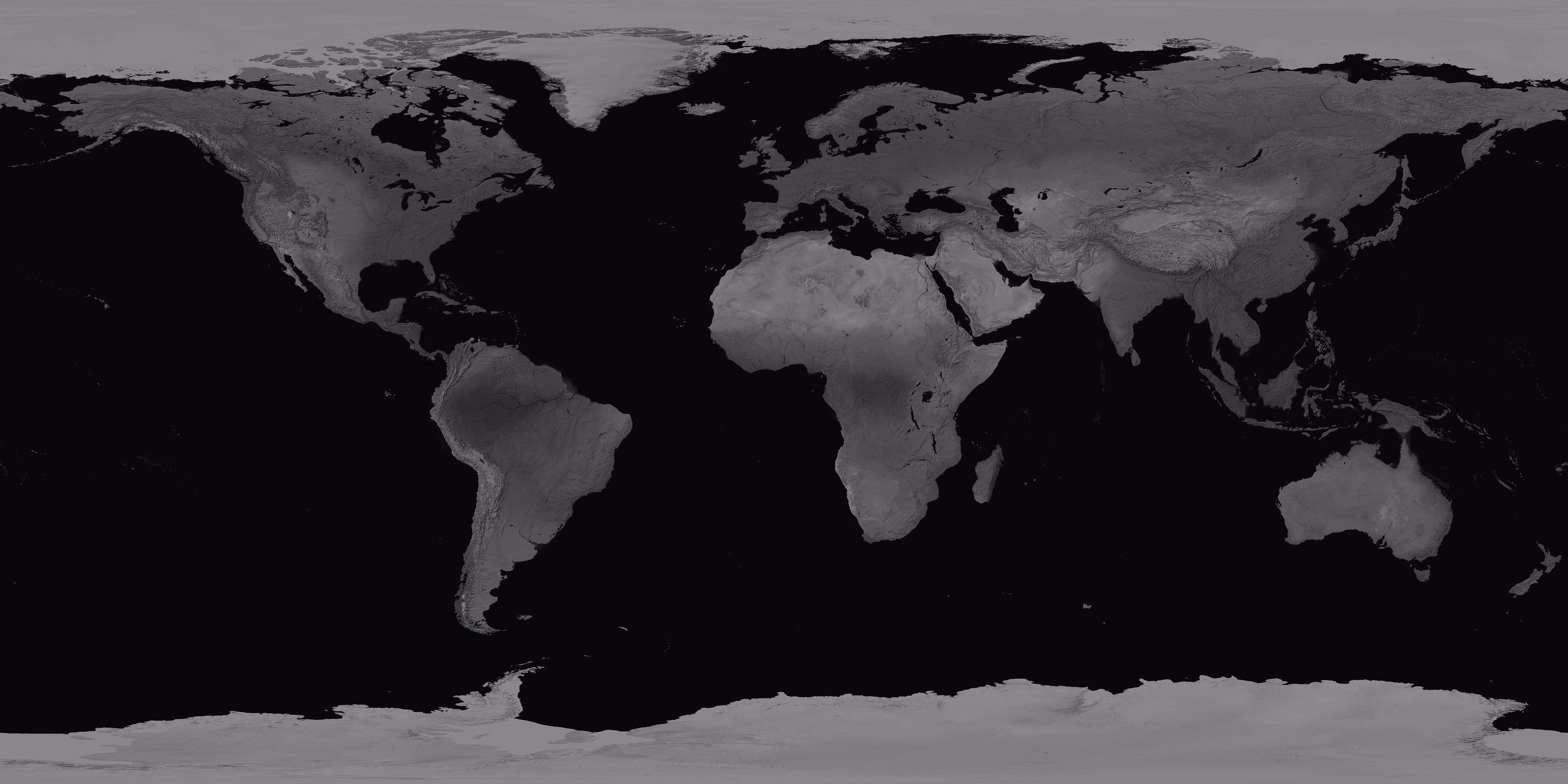 Grayscale map of the world showing continents and oceans with varied shading indicating terrain and elevation.